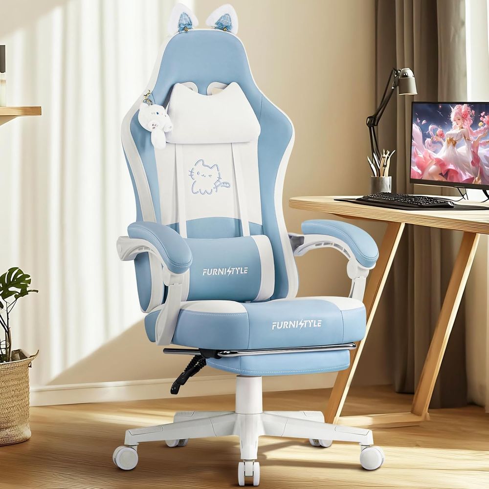 Gaming Chair - Chaise de jeu ergonomique bleue/blanche avec